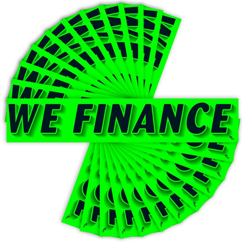 Versa-Tags Chartreuse Green Vinyl Slogan Stickers - 12-Pack for Car Dealer Windshield Advertising, Perfect for Used/New Car Truck RV Lots Slogan-We-Finance-Stickers - Image 1